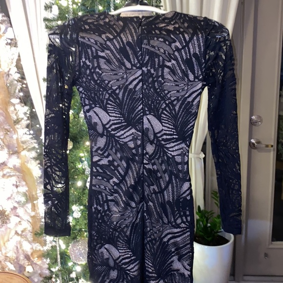 Bebe Black Lace Dress Tan Underlining Low Cut V-Neck Longsleeve lace sleeves XXS - Picture 14 of 14